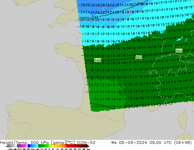 Geop./Temp. 500 hPa ICON-D2 mié 05.06.2024 09 UTC