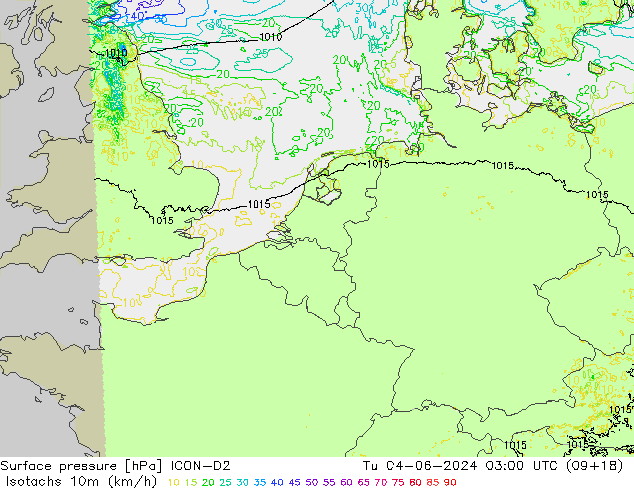 Isotaca (kph) ICON-D2 mar 04.06.2024 03 UTC