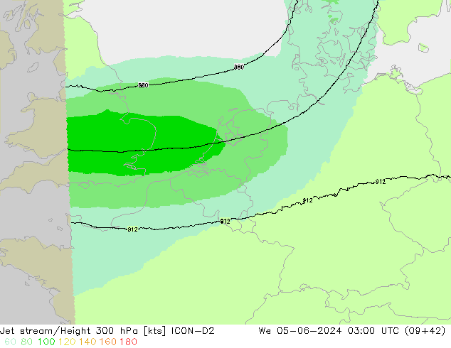 Corriente en chorro ICON-D2 mié 05.06.2024 03 UTC