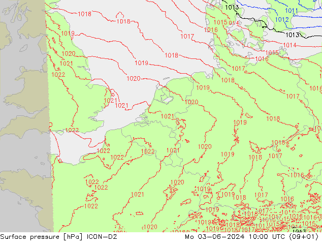 Atmosférický tlak ICON-D2 Po 03.06.2024 10 UTC
