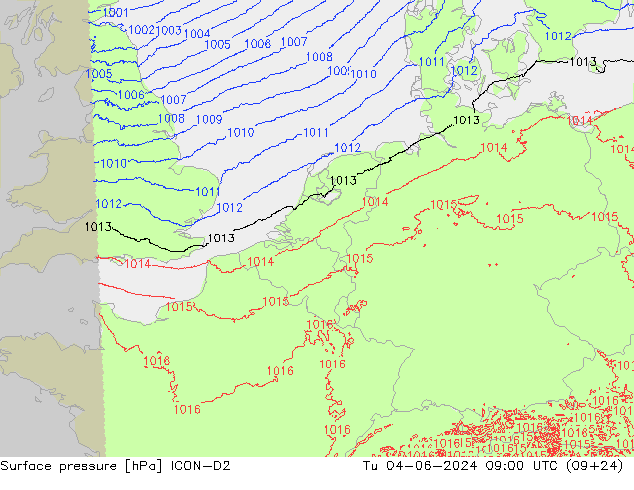 Pressione al suolo ICON-D2 mar 04.06.2024 09 UTC