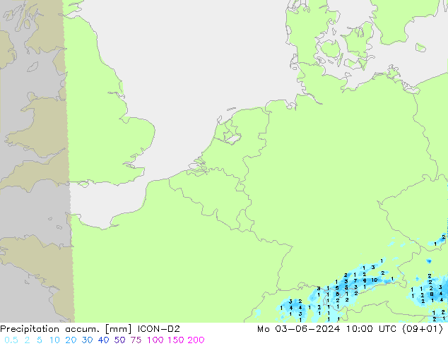 Precipitación acum. ICON-D2 lun 03.06.2024 10 UTC