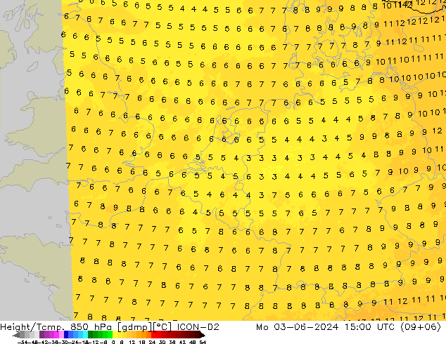 Height/Temp. 850 hPa ICON-D2 Mo 03.06.2024 15 UTC