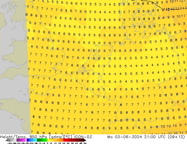 Hoogte/Temp. 850 hPa ICON-D2 ma 03.06.2024 21 UTC