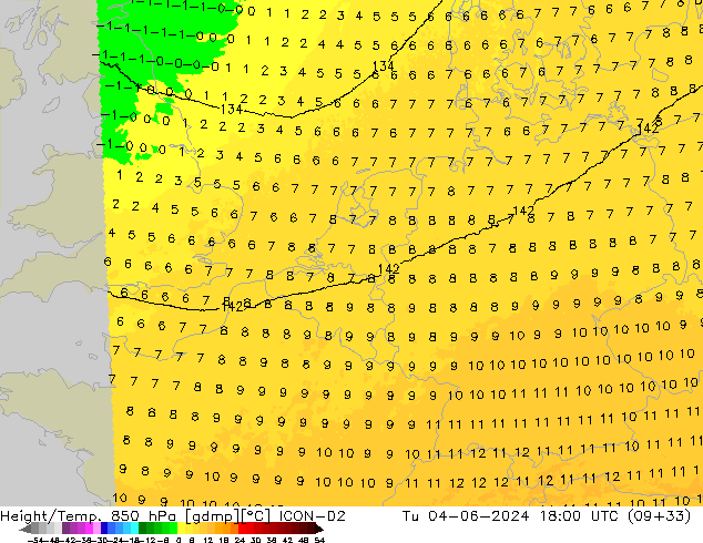 Géop./Temp. 850 hPa ICON-D2 mar 04.06.2024 18 UTC