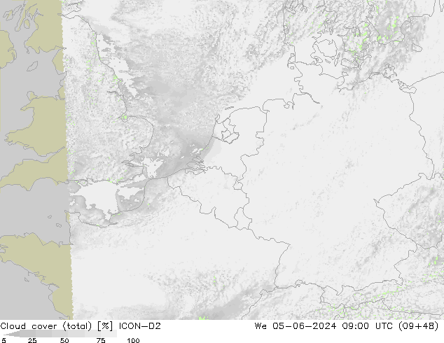 Wolken (gesamt) ICON-D2 Mi 05.06.2024 09 UTC