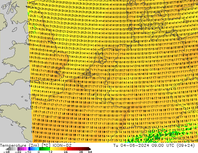 Temperatura (2m) ICON-D2 mar 04.06.2024 09 UTC