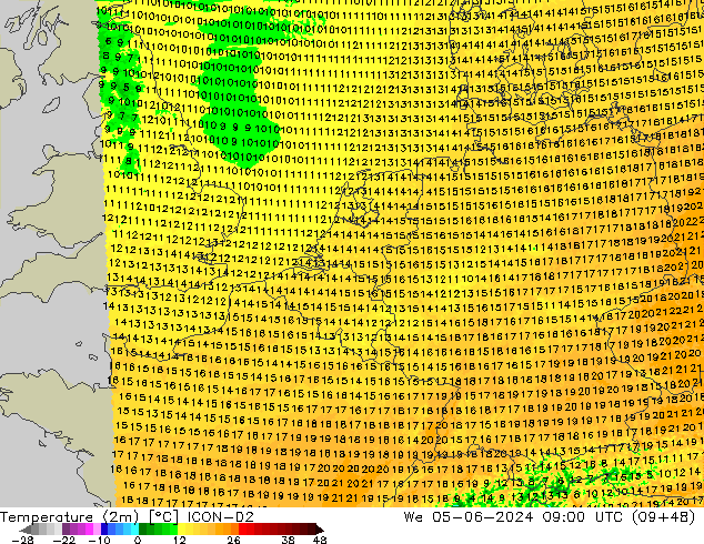 Sıcaklık Haritası (2m) ICON-D2 Çar 05.06.2024 09 UTC