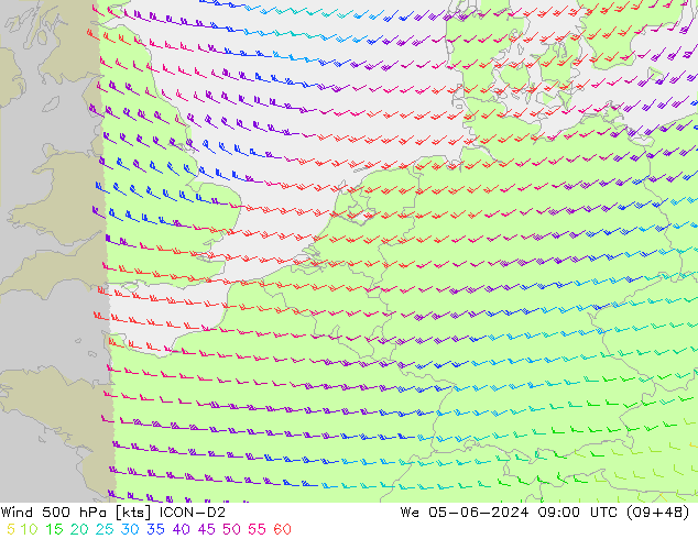 Wind 500 hPa ICON-D2 wo 05.06.2024 09 UTC