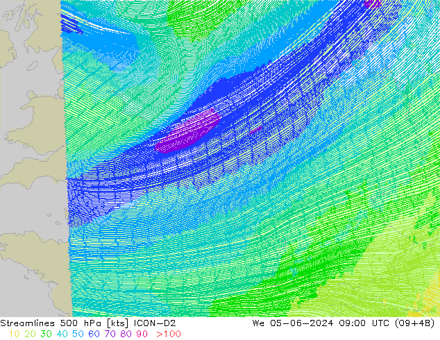 Ligne de courant 500 hPa ICON-D2 mer 05.06.2024 09 UTC