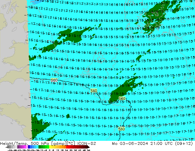 Height/Temp. 500 hPa ICON-D2 Seg 03.06.2024 21 UTC