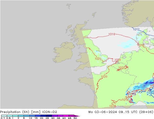 Precipitation (6h) ICON-D2 Mo 03.06.2024 15 UTC