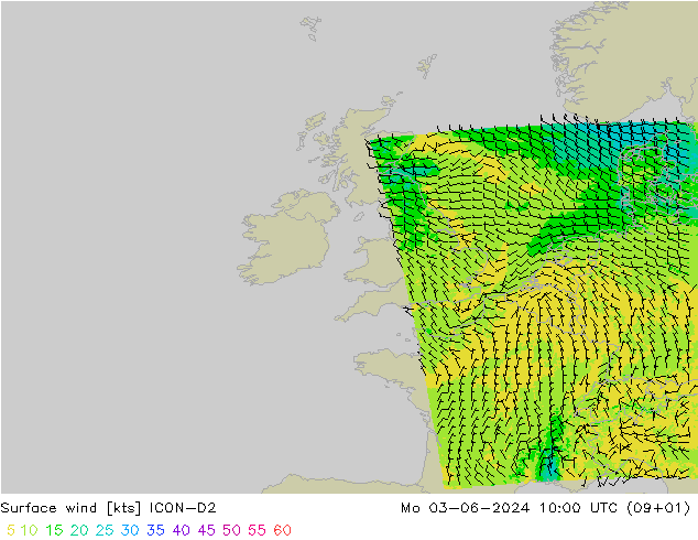 Vento 10 m ICON-D2 lun 03.06.2024 10 UTC