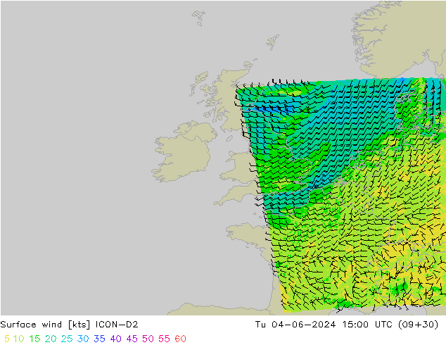 wiatr 10 m ICON-D2 wto. 04.06.2024 15 UTC