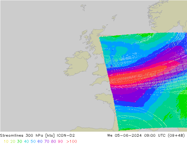 Stromlinien 300 hPa ICON-D2 Mi 05.06.2024 09 UTC