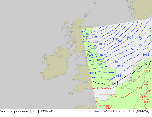 Surface pressure ICON-D2 Tu 04.06.2024 09 UTC