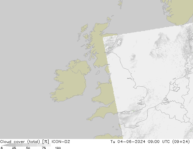 Nubes (total) ICON-D2 mar 04.06.2024 09 UTC