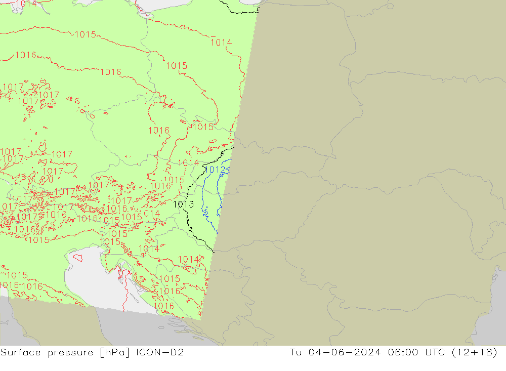 Surface pressure ICON-D2 Tu 04.06.2024 06 UTC