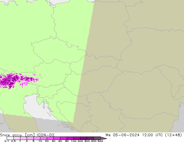 Snow accu. ICON-D2 mer 05.06.2024 12 UTC