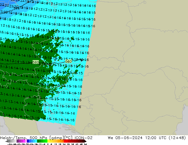 Height/Temp. 500 hPa ICON-D2 mer 05.06.2024 12 UTC