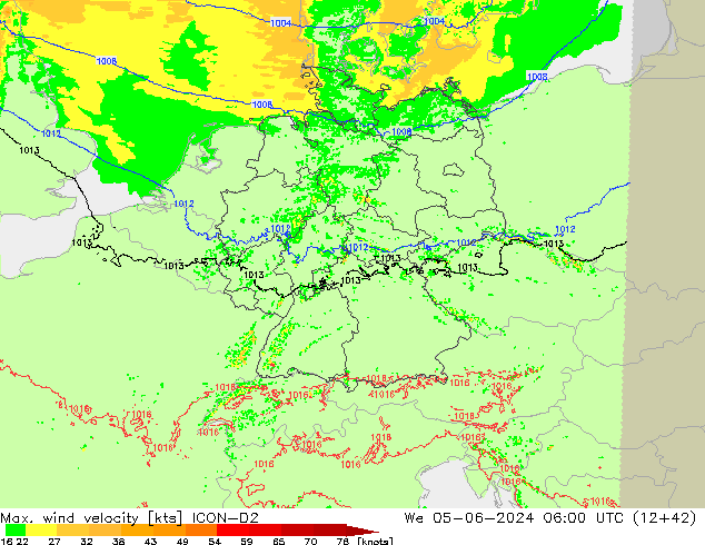 Max. wind velocity ICON-D2 mié 05.06.2024 06 UTC