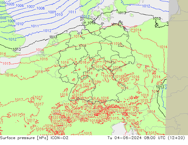 Pressione al suolo ICON-D2 mar 04.06.2024 08 UTC