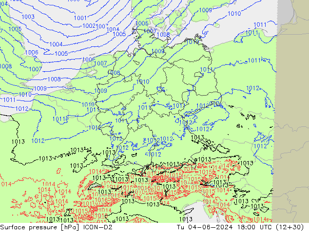 Luchtdruk (Grond) ICON-D2 di 04.06.2024 18 UTC