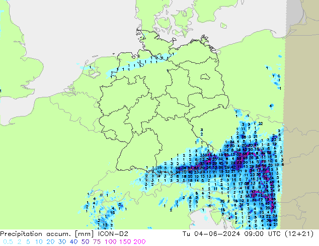 Precipitation accum. ICON-D2 Út 04.06.2024 09 UTC