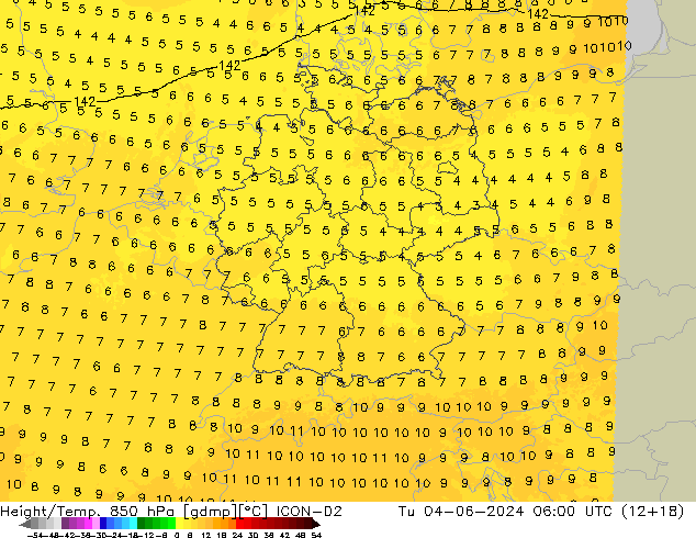 Height/Temp. 850 hPa ICON-D2 Tu 04.06.2024 06 UTC