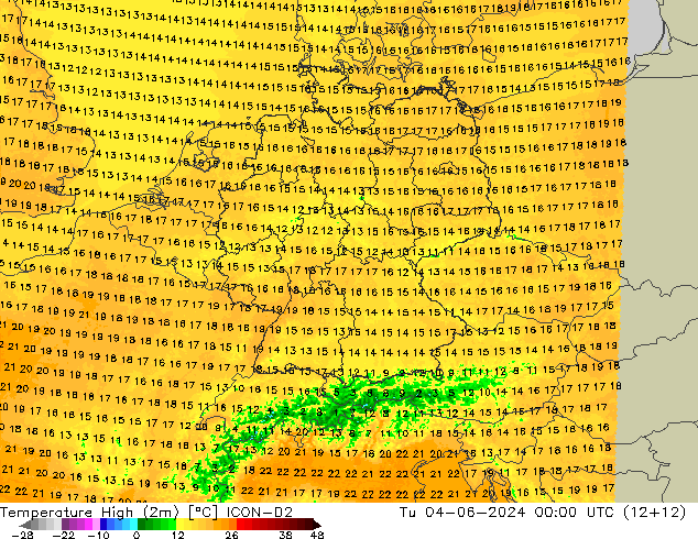 Temperatura máx. (2m) ICON-D2 mar 04.06.2024 00 UTC