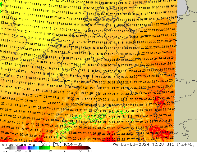 Temperature High (2m) ICON-D2 We 05.06.2024 12 UTC