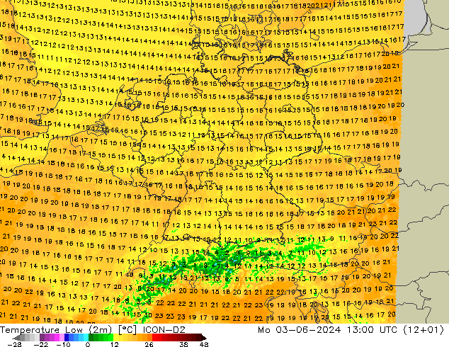 Темпер. мин. (2т) ICON-D2 пн 03.06.2024 13 UTC
