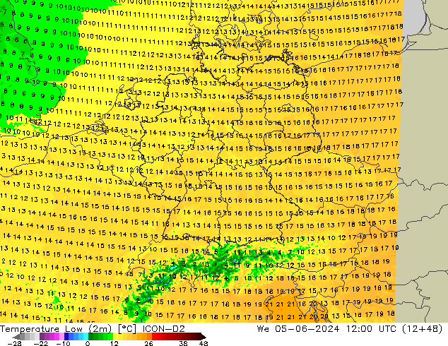 Temperature Low (2m) ICON-D2 We 05.06.2024 12 UTC