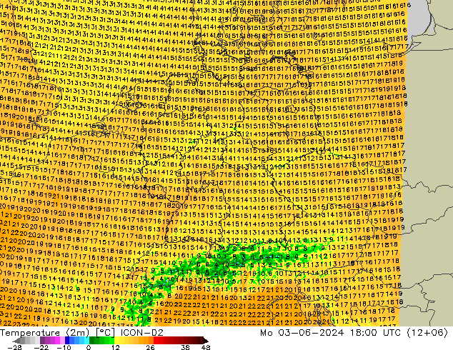 Temperatura (2m) ICON-D2 Seg 03.06.2024 18 UTC