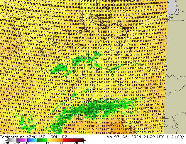 Temperatura (2m) ICON-D2 lun 03.06.2024 21 UTC