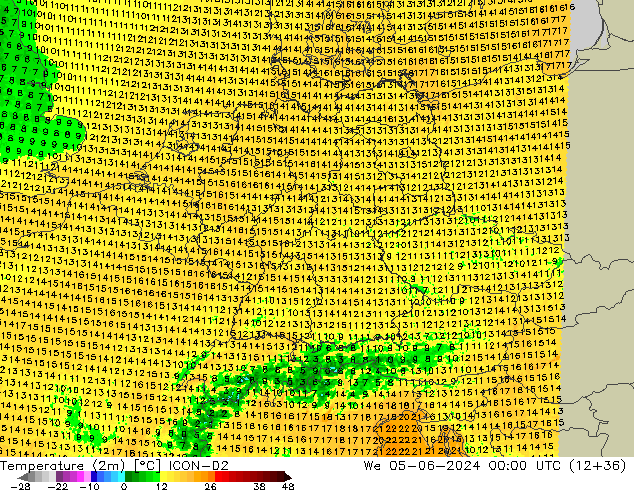 карта температуры ICON-D2 ср 05.06.2024 00 UTC