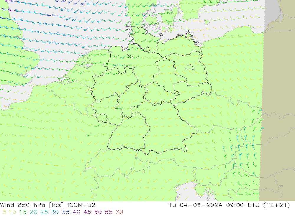 Wind 850 hPa ICON-D2 Tu 04.06.2024 09 UTC