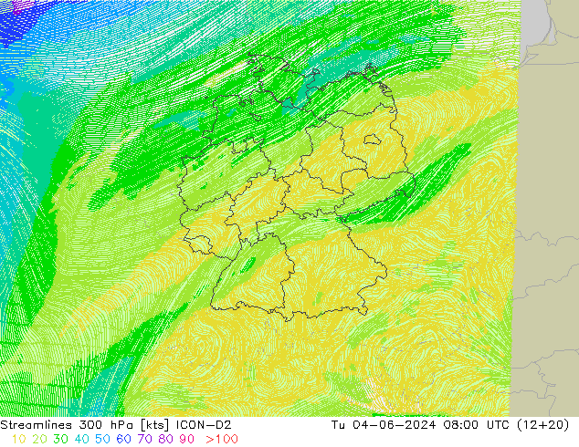 Stromlinien 300 hPa ICON-D2 Di 04.06.2024 08 UTC