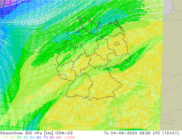 Streamlines 300 hPa ICON-D2 Tu 04.06.2024 09 UTC