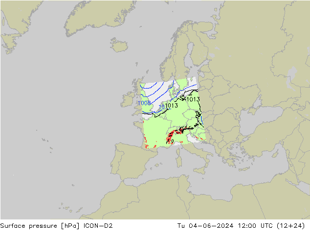 Surface pressure ICON-D2 Tu 04.06.2024 12 UTC