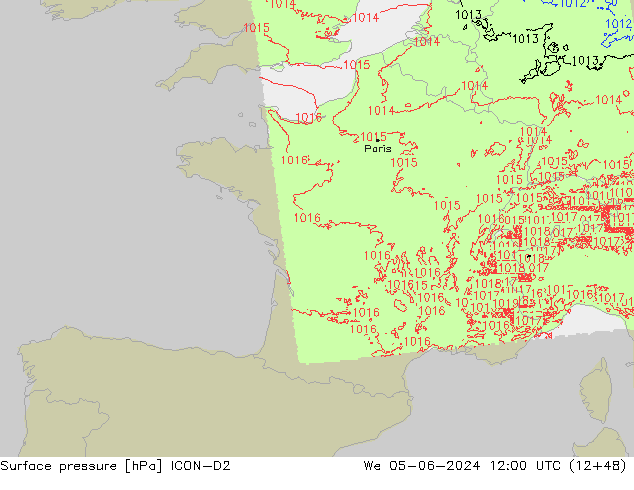 Atmosférický tlak ICON-D2 St 05.06.2024 12 UTC