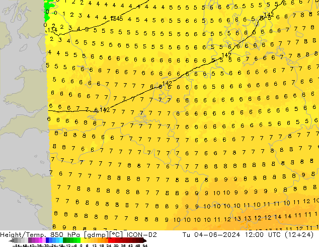 Height/Temp. 850 hPa ICON-D2 星期二 04.06.2024 12 UTC