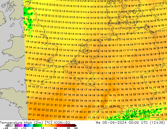 Temperature High (2m) ICON-D2 We 05.06.2024 00 UTC