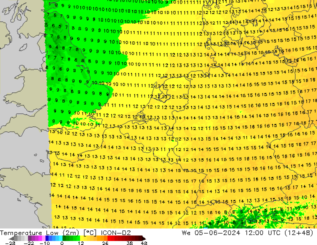 temperatura mín. (2m) ICON-D2 Qua 05.06.2024 12 UTC