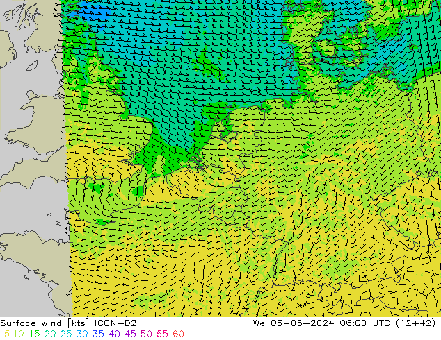Bodenwind ICON-D2 Mi 05.06.2024 06 UTC