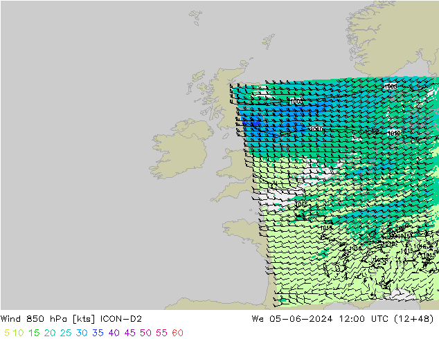 Vento 850 hPa ICON-D2 Qua 05.06.2024 12 UTC