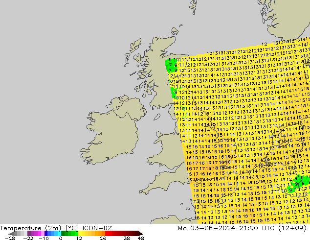 Temperaturkarte (2m) ICON-D2 Mo 03.06.2024 21 UTC