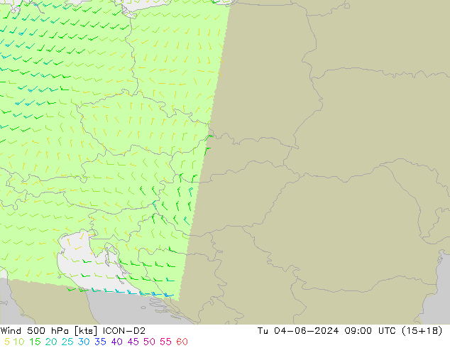 wiatr 500 hPa ICON-D2 wto. 04.06.2024 09 UTC