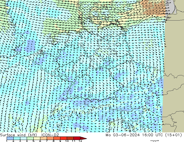 Vento 10 m (bft) ICON-D2 lun 03.06.2024 16 UTC