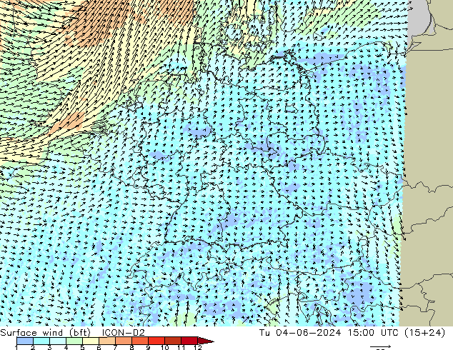 Surface wind (bft) ICON-D2 Tu 04.06.2024 15 UTC